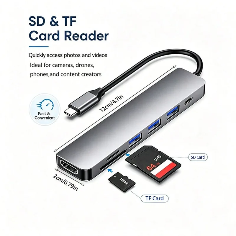 7-in-1 USB C Hub Multiport Adapter 4K HDMI-compatible 3USB3.0 100W PD SD TF Card Reader for MacBook Laptop Tablet Phone