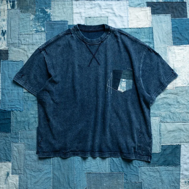 High Street Japanese Trend Apparel Indigo Vintage Washed Distressed Pocket Short Sleeve T-Shirt Men Women Loose Fit T-shirts