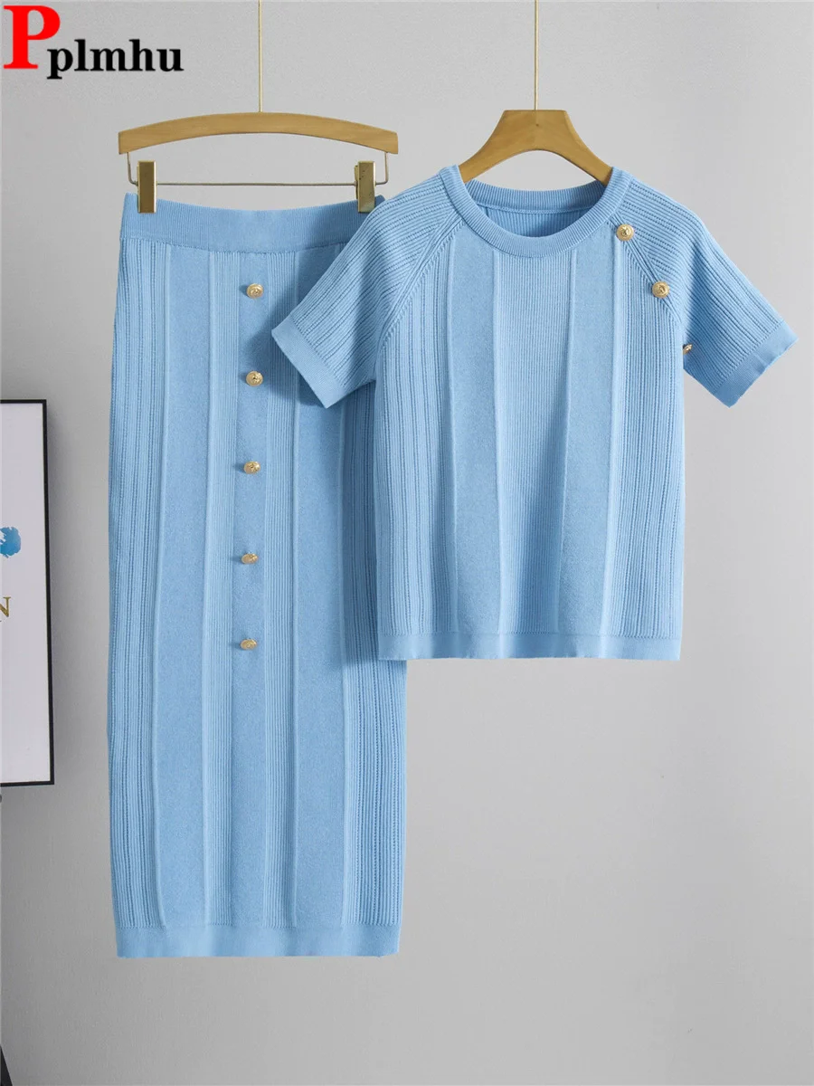 

Summer Thin Slim Knitted 2 Piece Sets Women O-neck Short Sleeve Knitwears Tops Conjuntos Korean Elastic High Waist Skirts Outfit