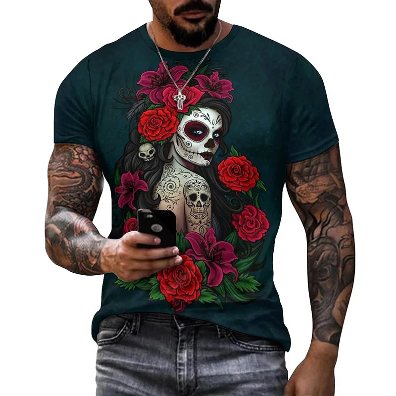 Summer Women 3D Pattern Skull T-shirt Halloween T Shirt Mexican Day Of The Dead Tee Horror Style For Men Festival Attire Gift