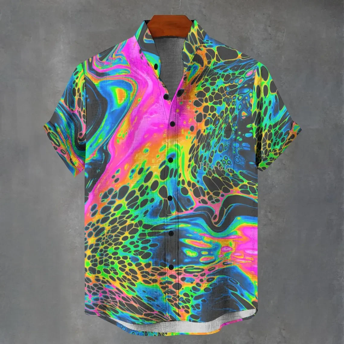 2025 European and American linen button short sleeved shirt for men, retro high-end 3D printed pattern short sleeved shirt