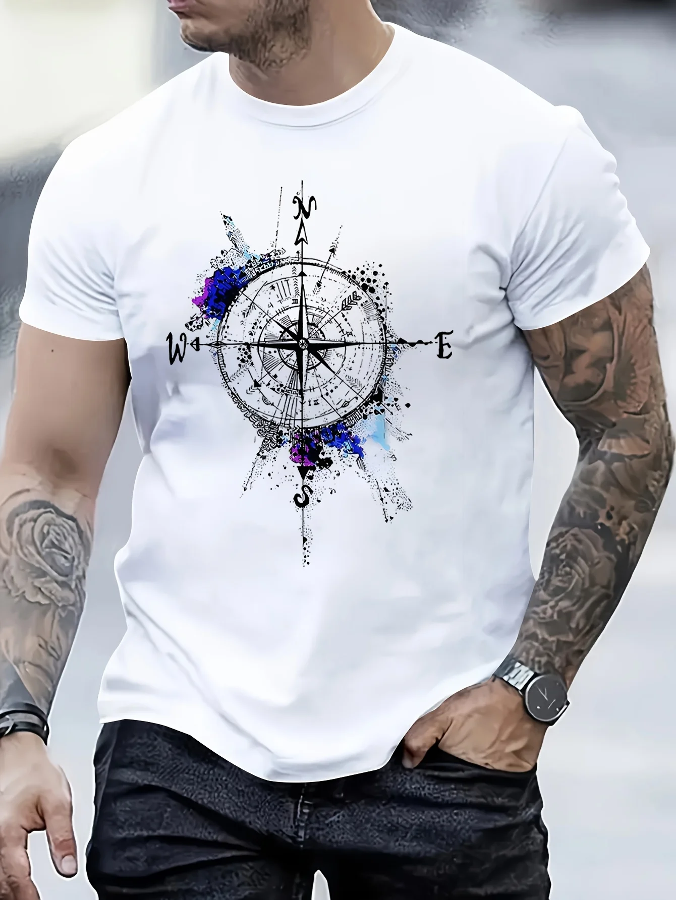 

Men's Compass Printed Round Neck T-shirt - Casual Street Style Short Sleeve Top, Ideal for Summer Vacation