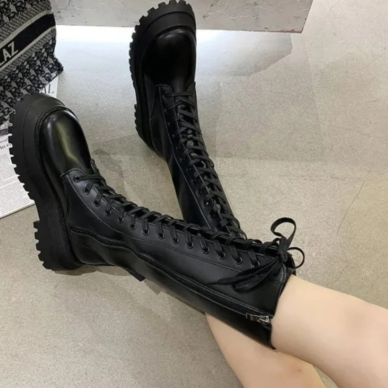 

Women's Motorcycle Boots Fashion Platform 5cm Square Heel Black PU Leather Side Zipper Lace Up Women Shoes High Heel Long Boots