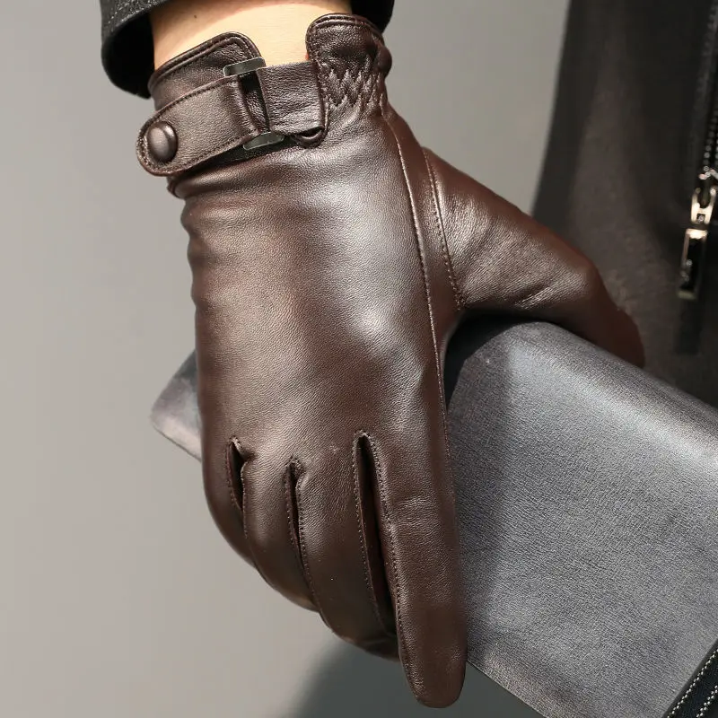 Guantes de piel de oveja de cuero genuino para hombre, guantes de conducción a la moda, cálidos para invierno, además de guantes deportivos de