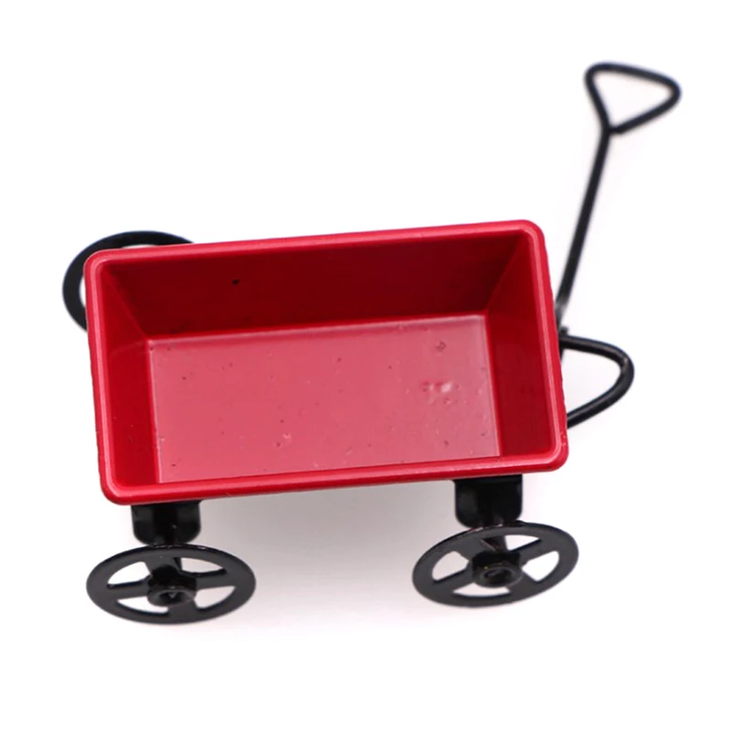 1:12 Dollhouse Mini Cute Metal Red Small Pulling Cart Ornament For Doll House Garden Decor Kids Pretend Play Toys Gift