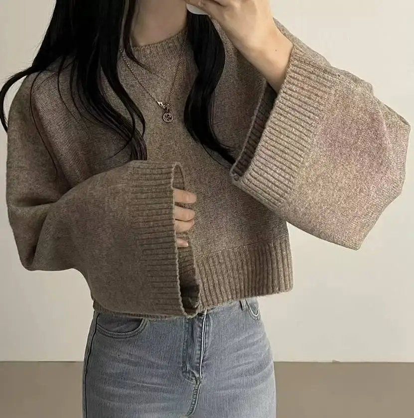 เสื้อสเวตเตอร์แขนยาวทรงสั้นเอวสูง ดีไซน์ใหม่สำหรับฤดูใบไม้ร่วงและฤดูหนาว สีพื้น เรียบง่าย สไตล์นิช สำหรับผู้หญิง