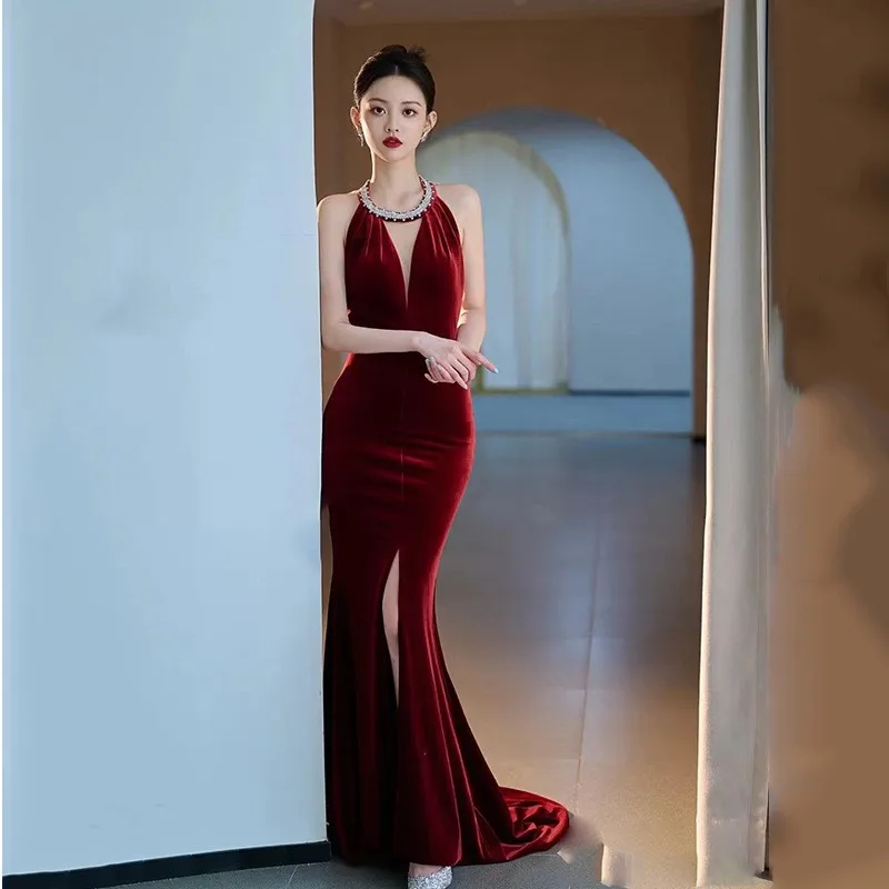 

Velvet Fishtail Toast Clothing Red Dress Light Luxury Halter Heavy Industry Tassel Back-to-Door Banquet