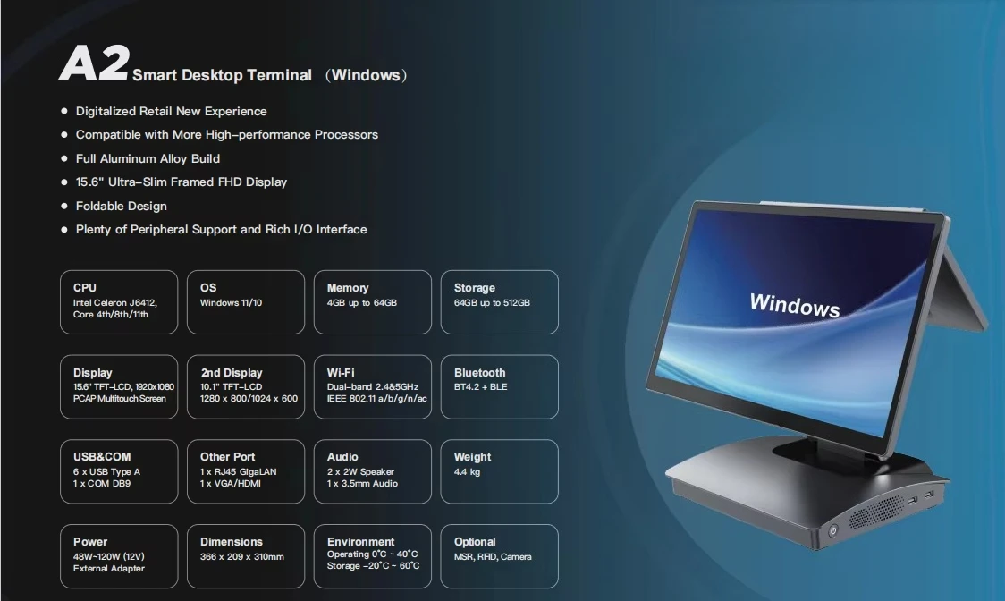 Window 11 Core 11th  Plenty of Peripheral Support and Rich I/O Interface  Smart Desktop Terminal pos machine  Rongta A2