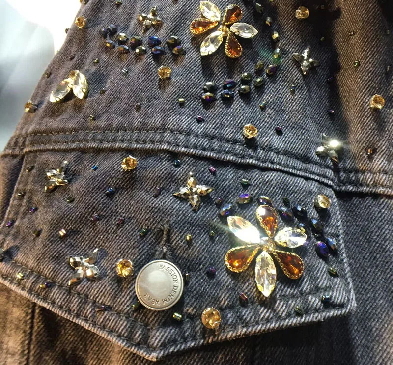 European Station 2023 Autumn New Exquisite Rhinestone Beaded Flower Denim Jacket Loose Slim Long Sleeves Jean Coat Women's Top