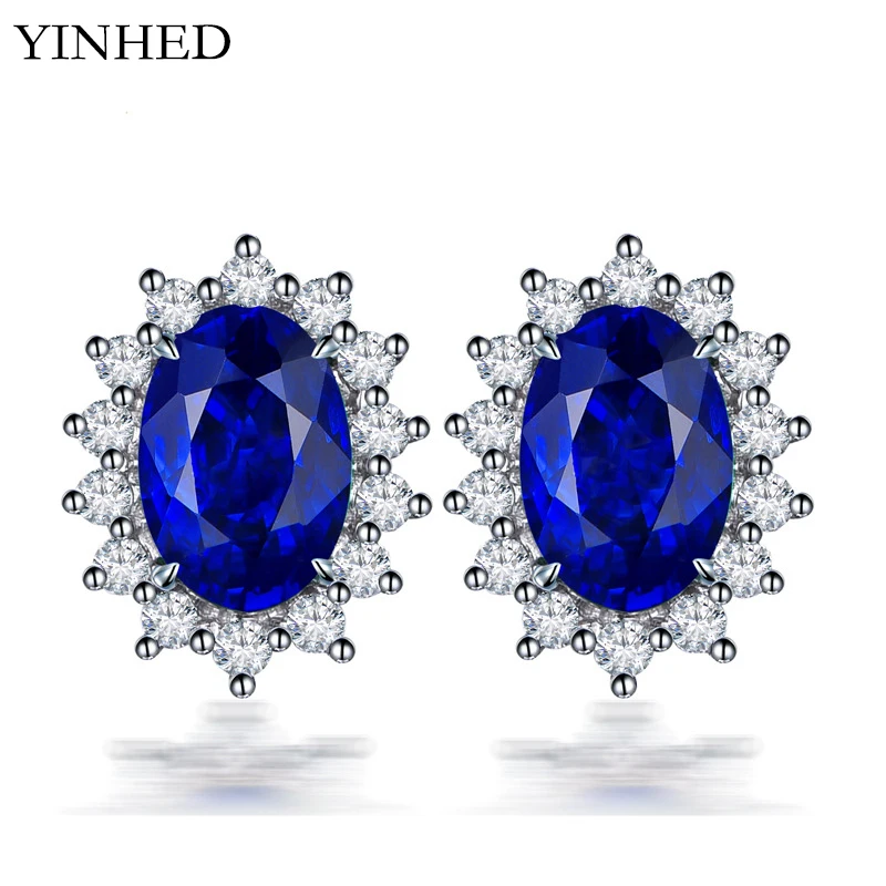 

Princess Diana Natural Sapphire Blue Gemstone Flower Stud Earrings for Women Original Tibetan Silver Wedding Jewelry Gift