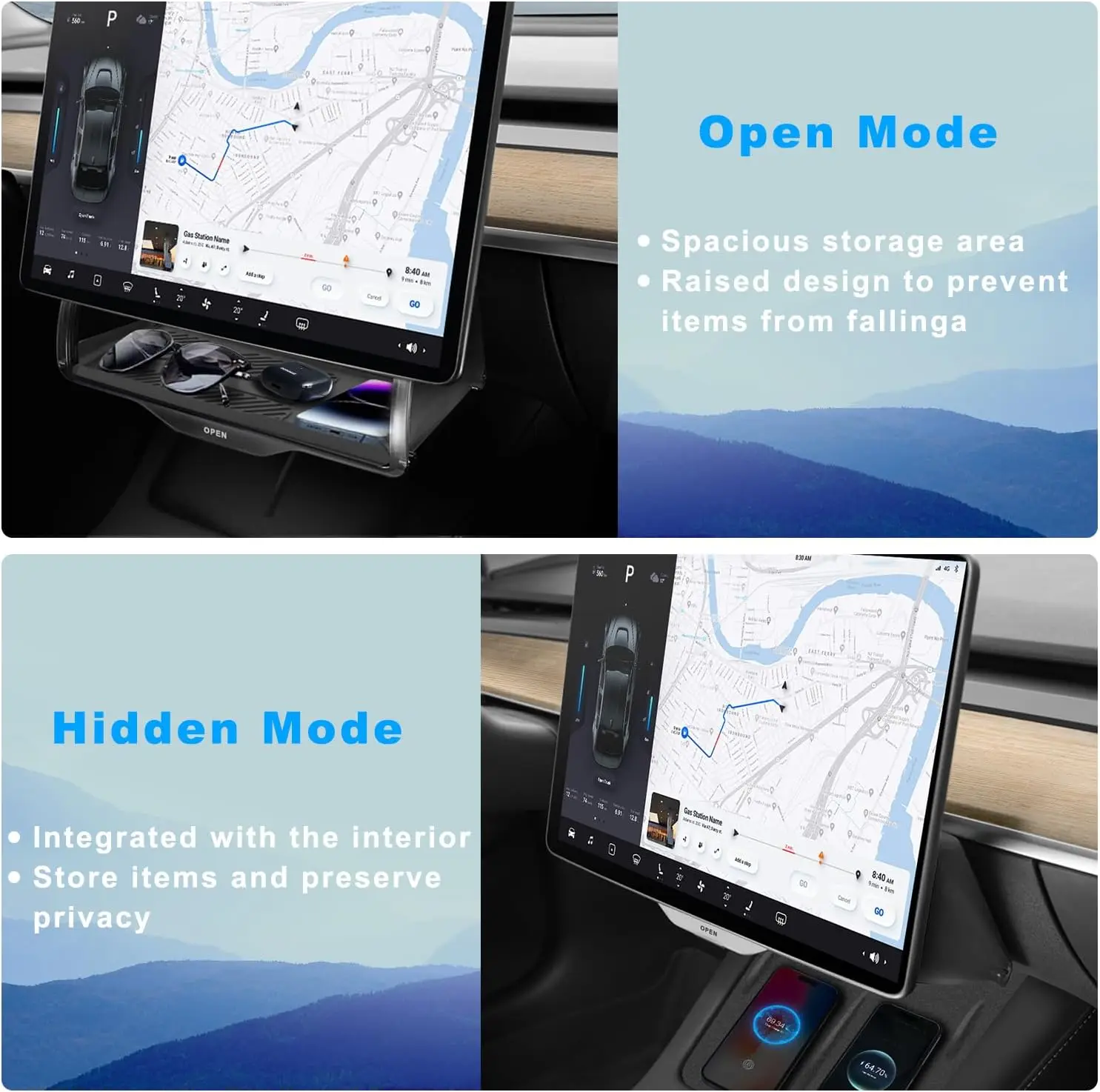 New Upgrade Hideable Under Screen Storage for Tesla Model Y/3 2016-2024, Knob Locking Center Console Organizer with Antislip Pad