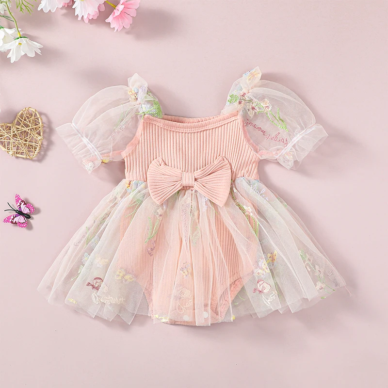 

Princess Floral Embroidery Baby Girls Romper Dress Kids Summer Clothes Short Sleeve Tulle Patchwork Bodysuits Newborn Clothes