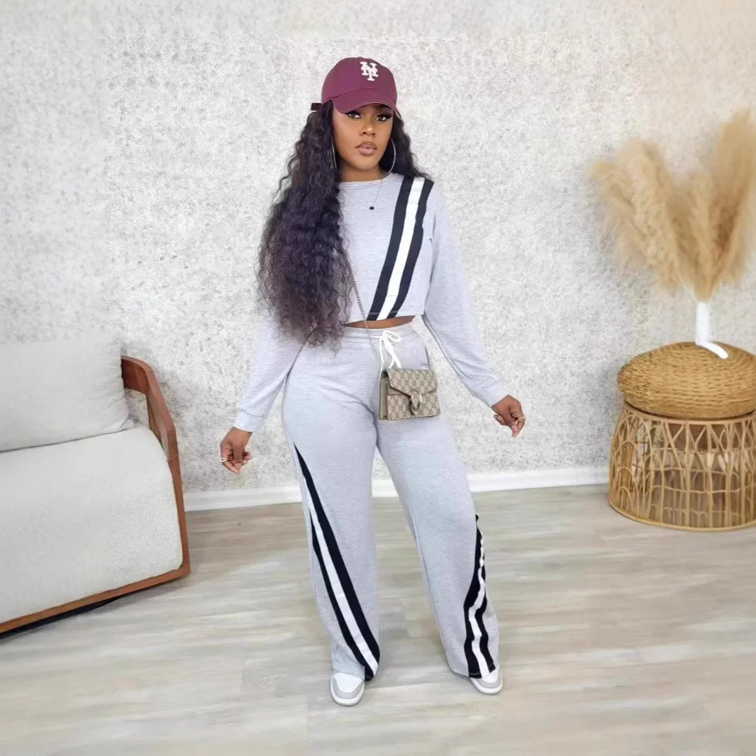 

Autumn Winter Fashion Two Piece Set Women Round Neck Long Sleeved Top Wide Leg Long Pants Casual Sports Two Piece Set