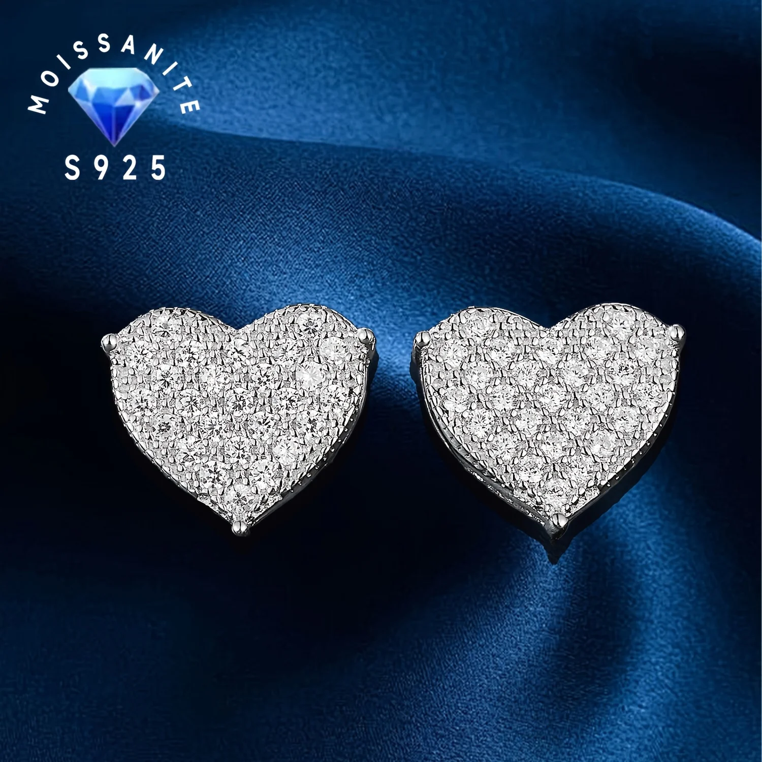 

1 Pair Of 925 Sterling Silver 0.26 Carat Moisanne Heart Covered With Studs, High Quality Elegant Sexy Earrings