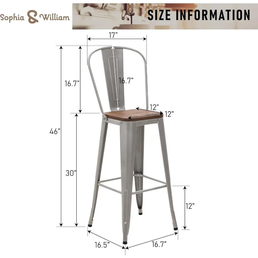 مجموعة 30 مقاعد بار معدنية قابلة للتخليص مكونة من 4 مقاعد للبار عالية الظهر مع مقعد خشبي مثالي للاستخدام الداخلي والخارجي #2