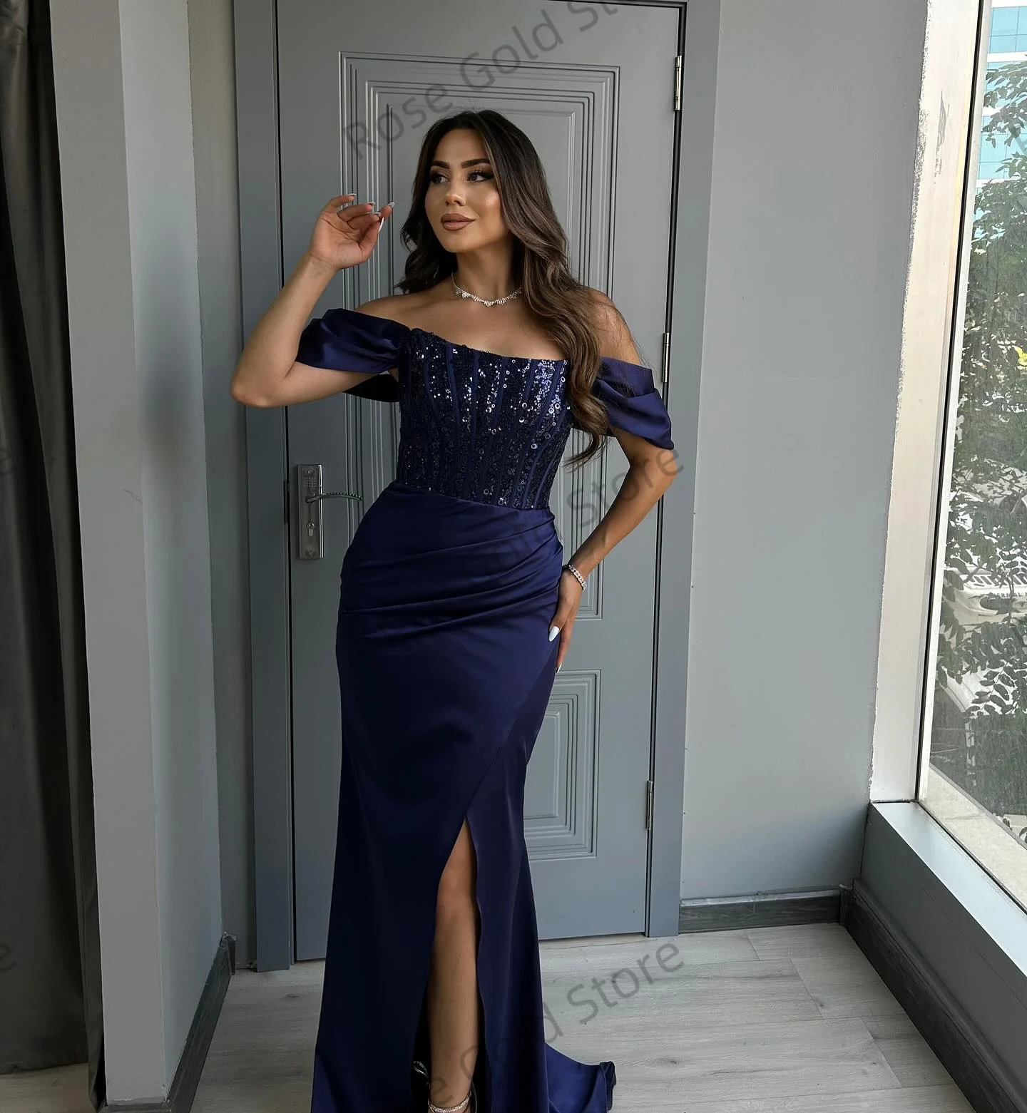 Elegante brilhante vestidos de noite para formal azul sereia vestidos de gala personalizado longo lantejoulas fenda lateral mancha macia vestidos de baile