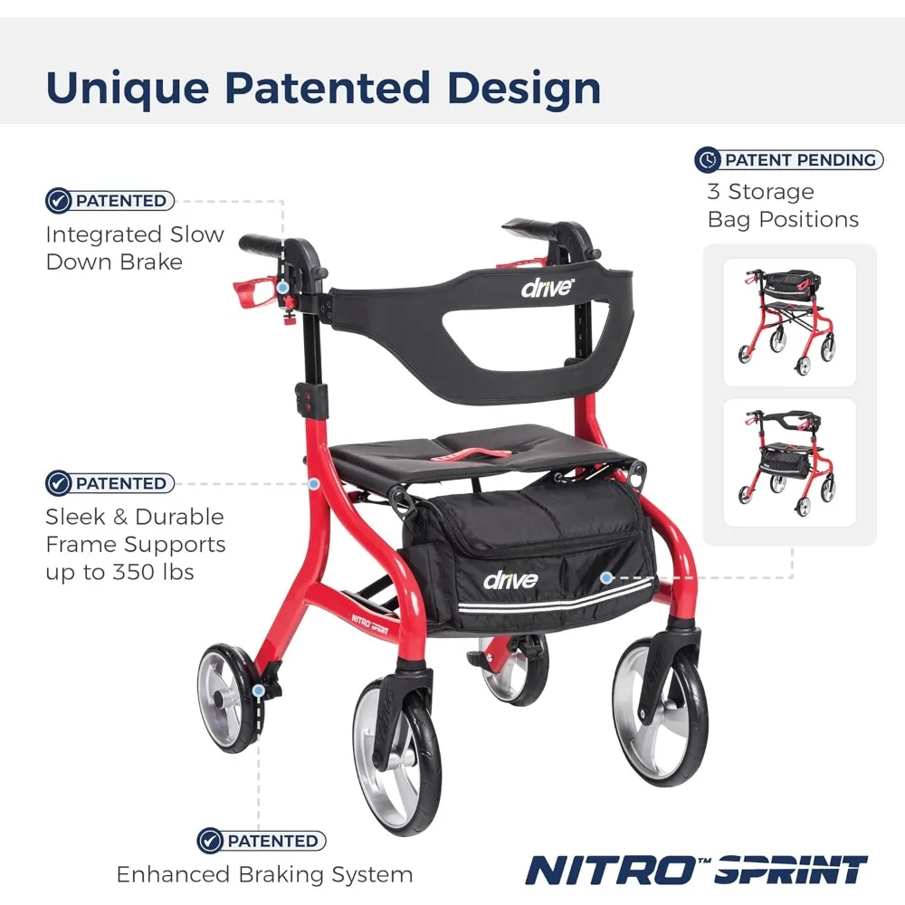 Nitro Sprint faltbarer Rollator-Gehhilfe mit Sitz, leichter Rollator mit Standardhöhe und Sitz, rot