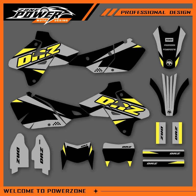 

POWERZONE Мотокросс команда графический фон наклейки наборы наклеек для SUZUKI 1999-2022 DRZ400-S-SM-E 400cc индивидуальный номер 02