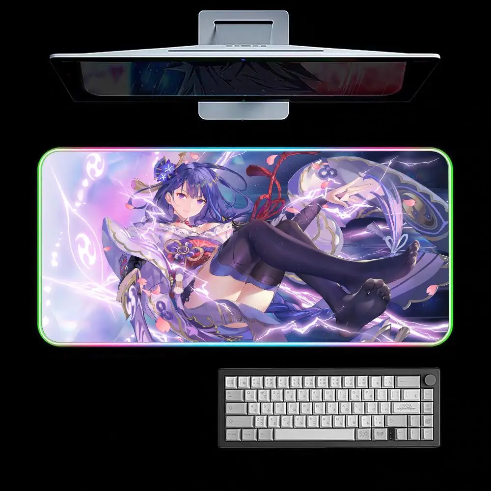 Raiden Shogun Genshin Mouse Pad RGB Gaming Mouse Pad Desk Mat HD Gamer Large LED Light XXL MousePads