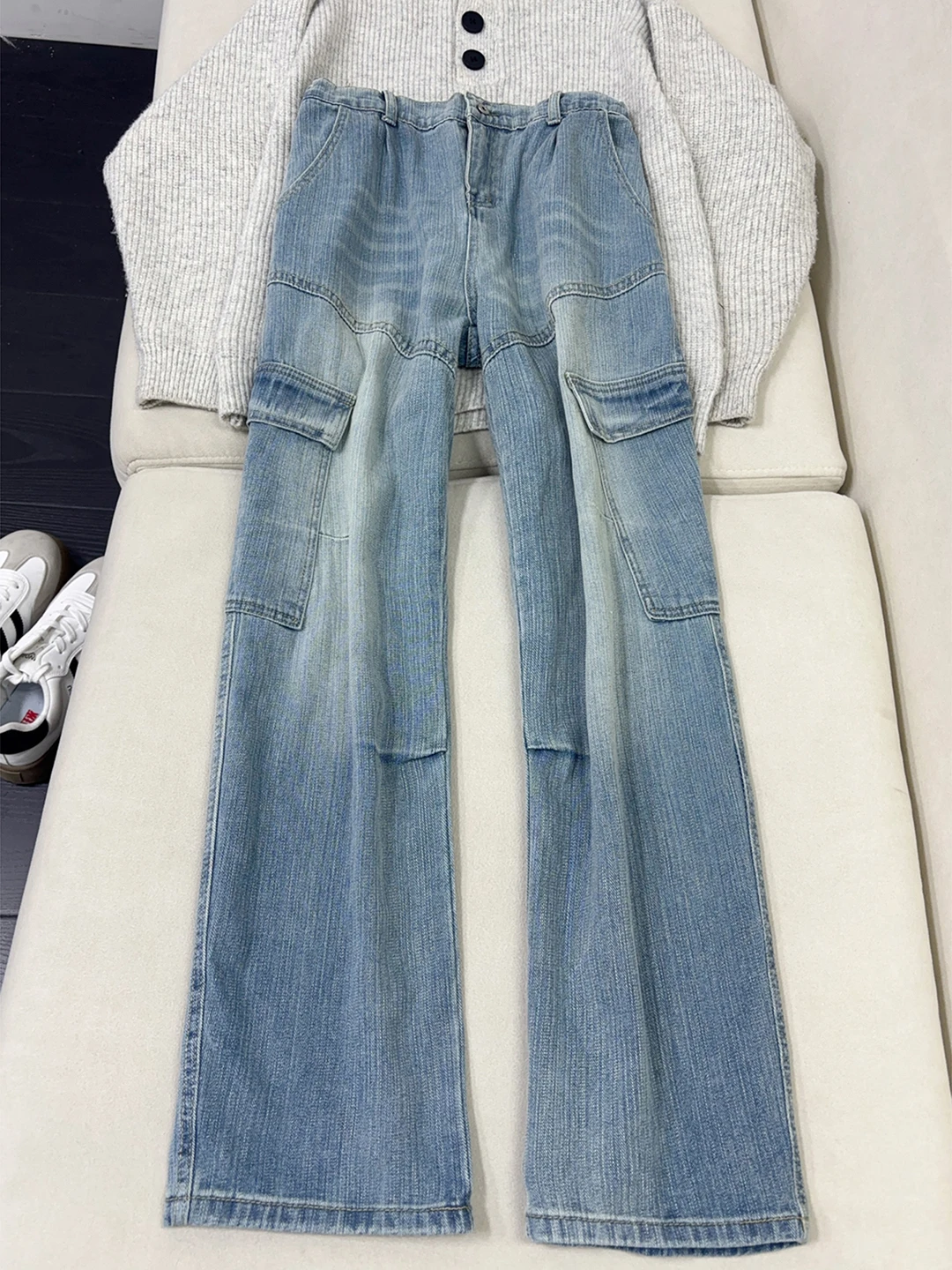 

Light Blue Workwear Denim Pants Men's Straight Leg Big ket Bamboo Node Pattern Casual Flared Legs Jeans Casual Commute