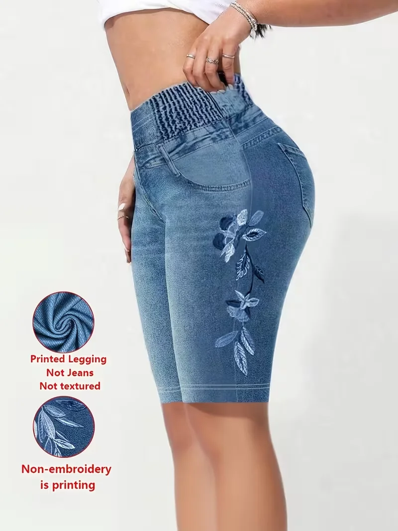 Bedruckte Leggings, Stoff ohne Denim, Caprihosen mit Scheintaschen- und Knopfdruck, hochelastische neue Skinny-Hosen. – Detail 3