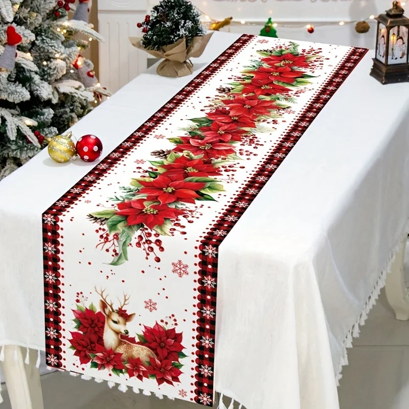 Christmas Poinsettia Flower Elk Linen Table Runner for Table Decor Winter Xmas Snowflake Table Runner Christmas Home Decorations