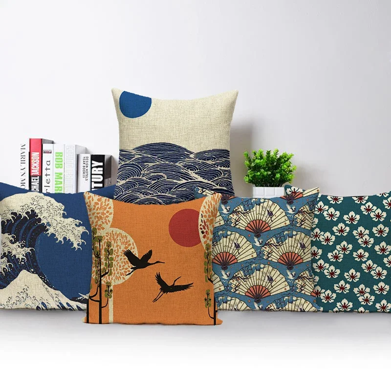 Japanese Style Cushions Cover Striped Waves Mountain Bird Living Room Pillows Case  Nordic Sofa Car Cushion Covers