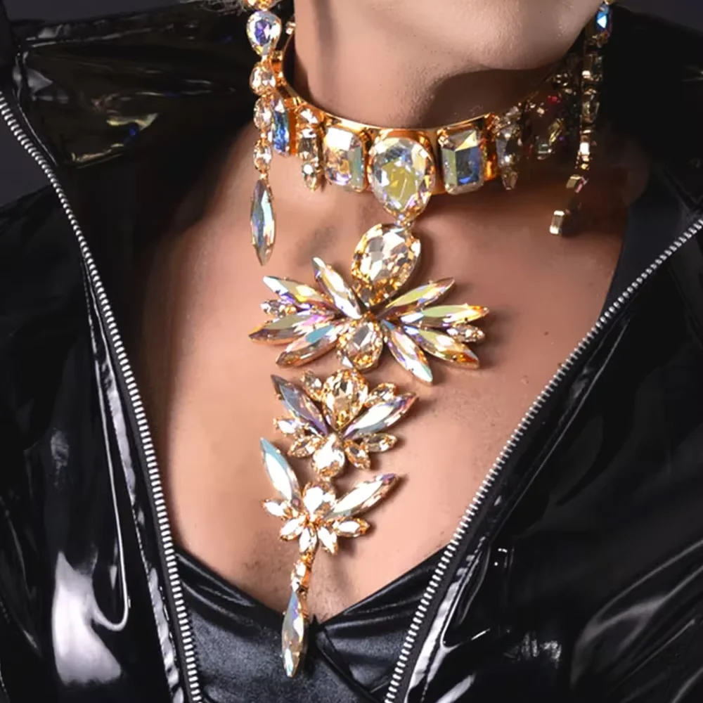 Long Pendant Exaggerate Choker Necklace Earring Statement Jewelry Set Fashion Irregular Rhinestone Collar Choker Party for Women