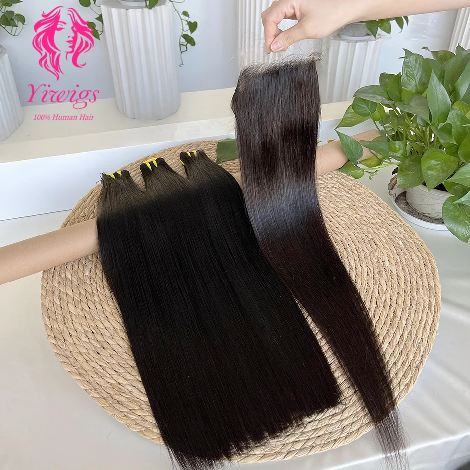 Yiwigs 12A Grade Double Drawn Bone Straight 100% Human Hair Bundles With 4x4 Real HD Lace Closure Hair Weave Extensions Thick