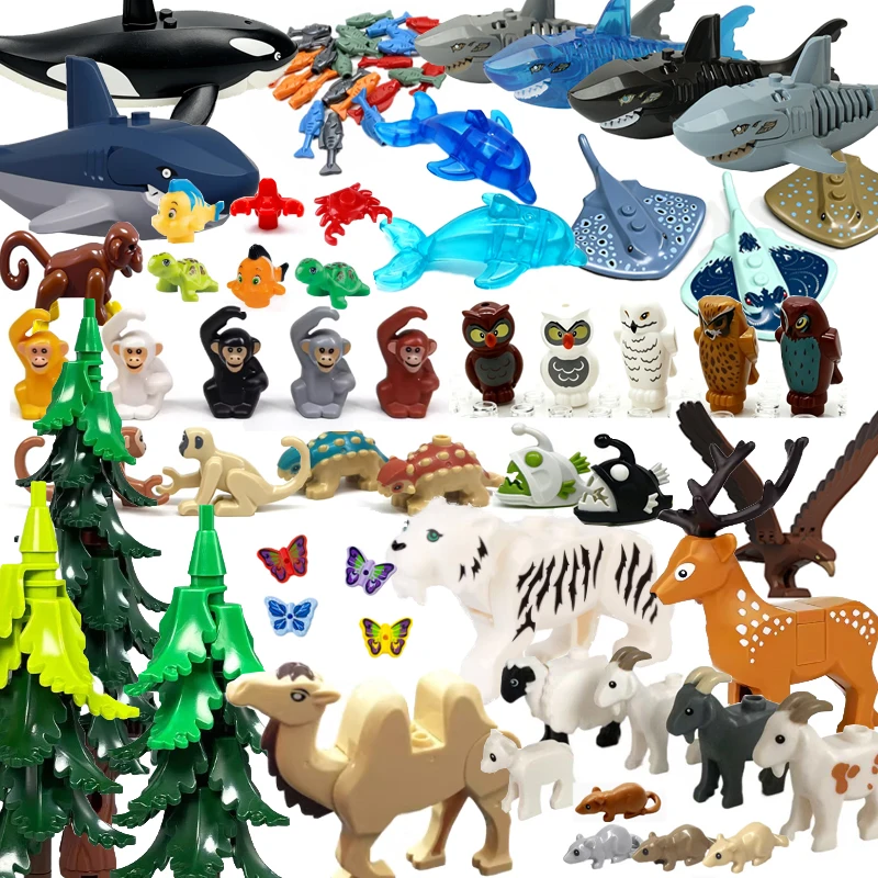 Image of MOC Tier-Bausteine Wald-Zoo Säbelzahntiger Bär Elch Elefant Adler Hai Affe Löwe Mini-Bausteine Spielzeug Kindergeschenk S09