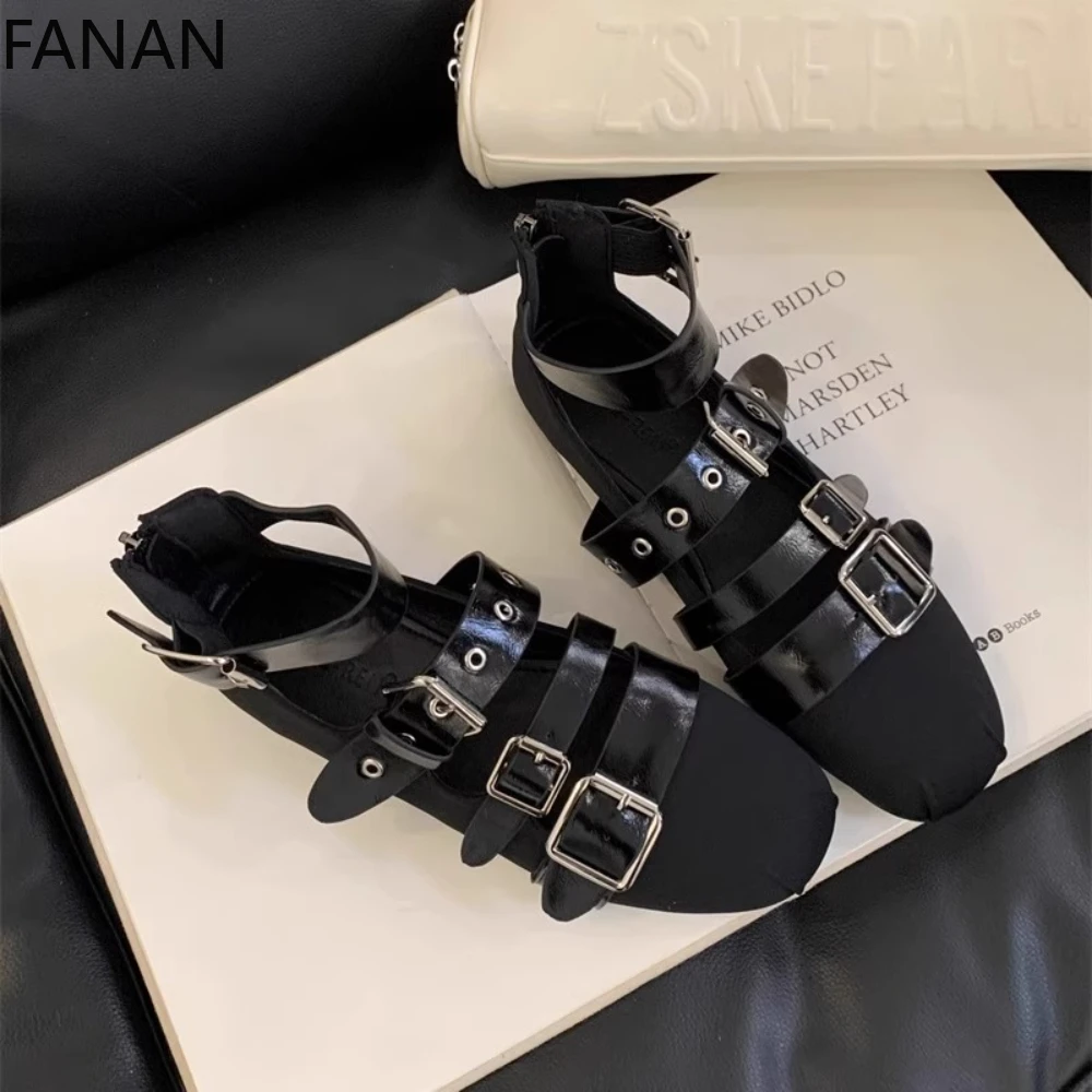 

Vintage Flats Rivet Belt Buckle Low Heel Leather Shoes 2025 New Korean Edition Street Black Sandals Platform Pumps Shoes