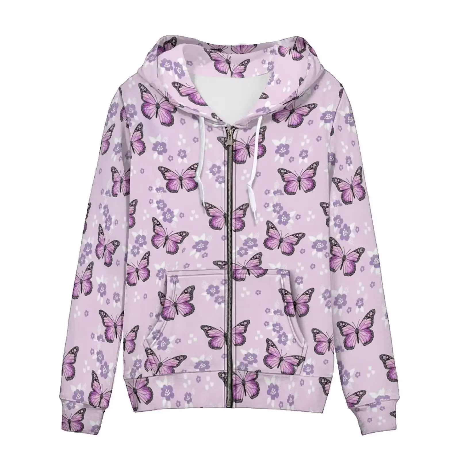 HX Fashion Animals Hoodies Purple Butterfly Zip Up Hoodie Pockets Coat Spring Autumn Sweatshirts Harajuku Men For Women Clothing