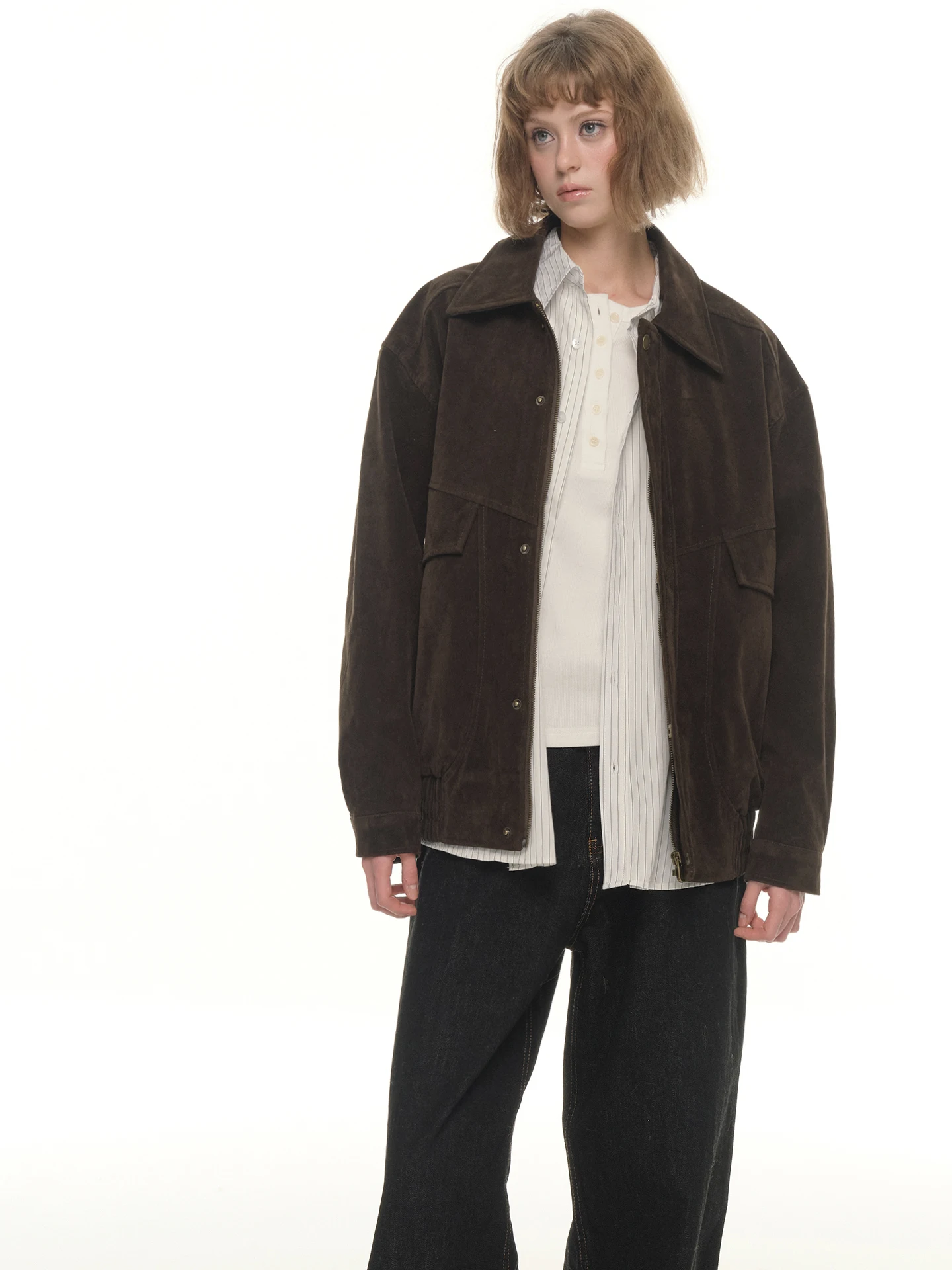 UNRETRO Giacca Vintage in Camoscio Marrone da Donna, Casual con Colletto Rovesciato, in Tessuto di Poliestere, Vestibilità Ampia, Manica Lunga