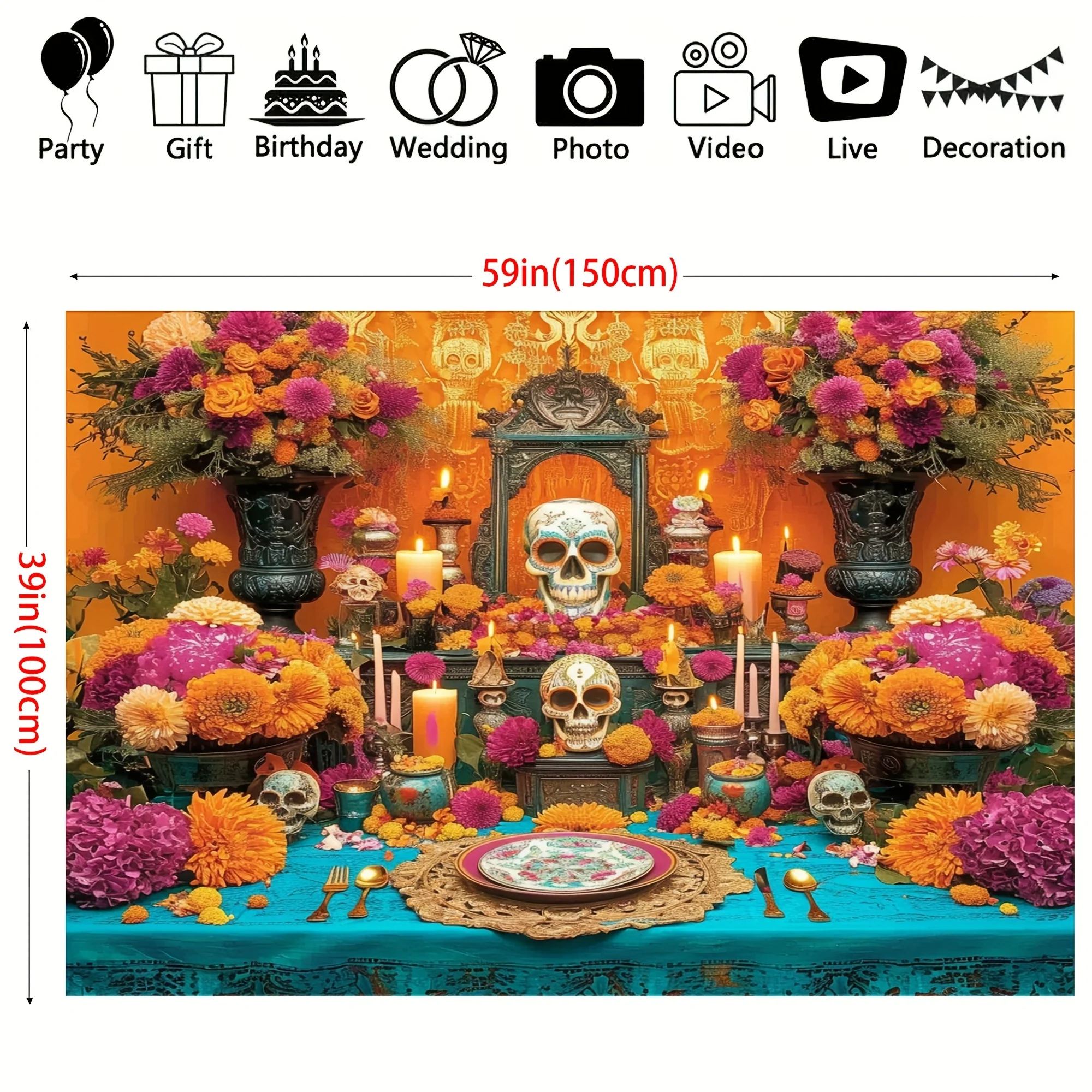 Vibrant Day of the Dead Altar Backdrop-Polyester, Multipurpose, Reusable, and Durable -Perfect for Mexican Fiesta, Cinco De Mayo