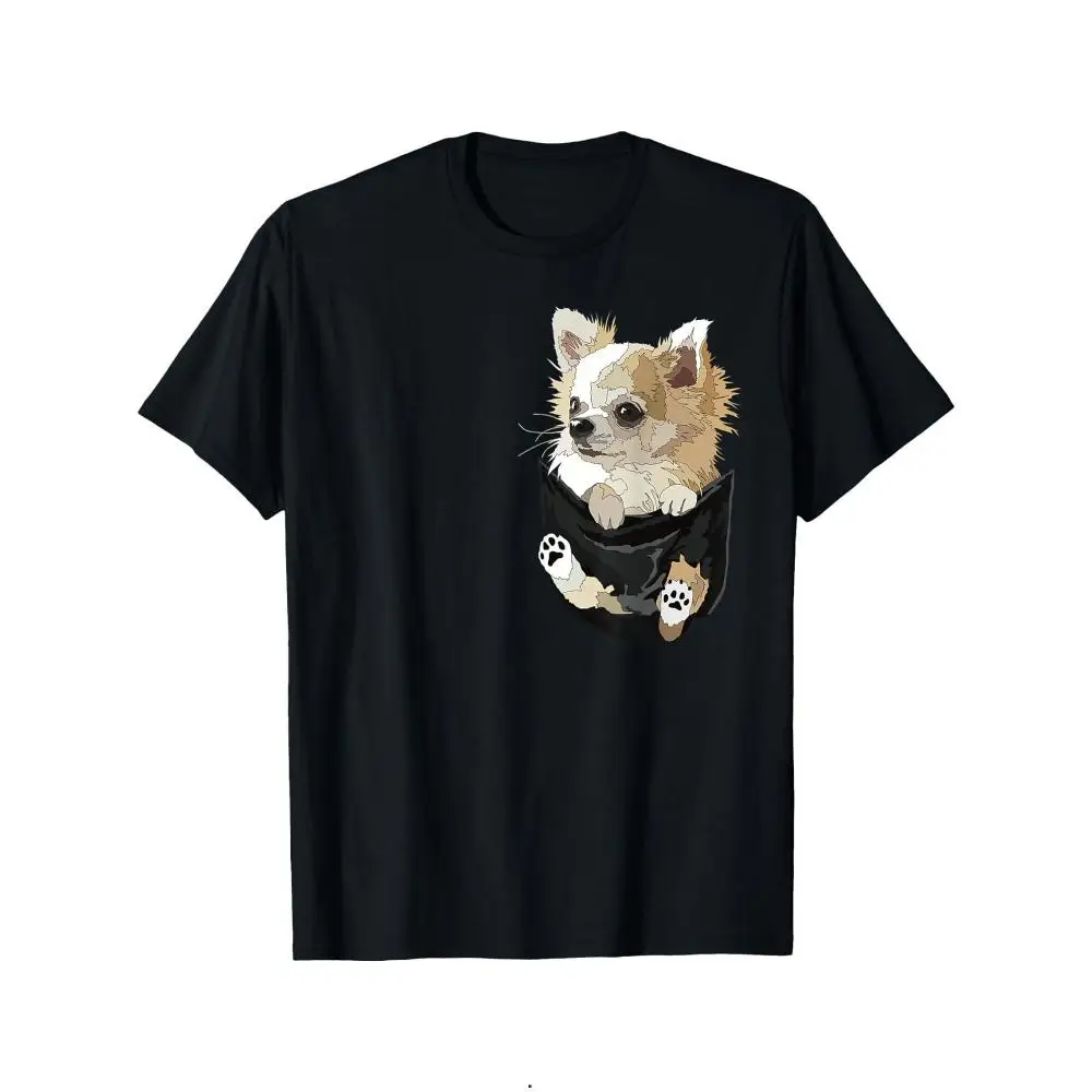 Men's Long Hair Chihuahua Pocket Graphic Print T-Shirt Black Regular Fit Round Neck 100 Cotton Machine Washable Casual Daily