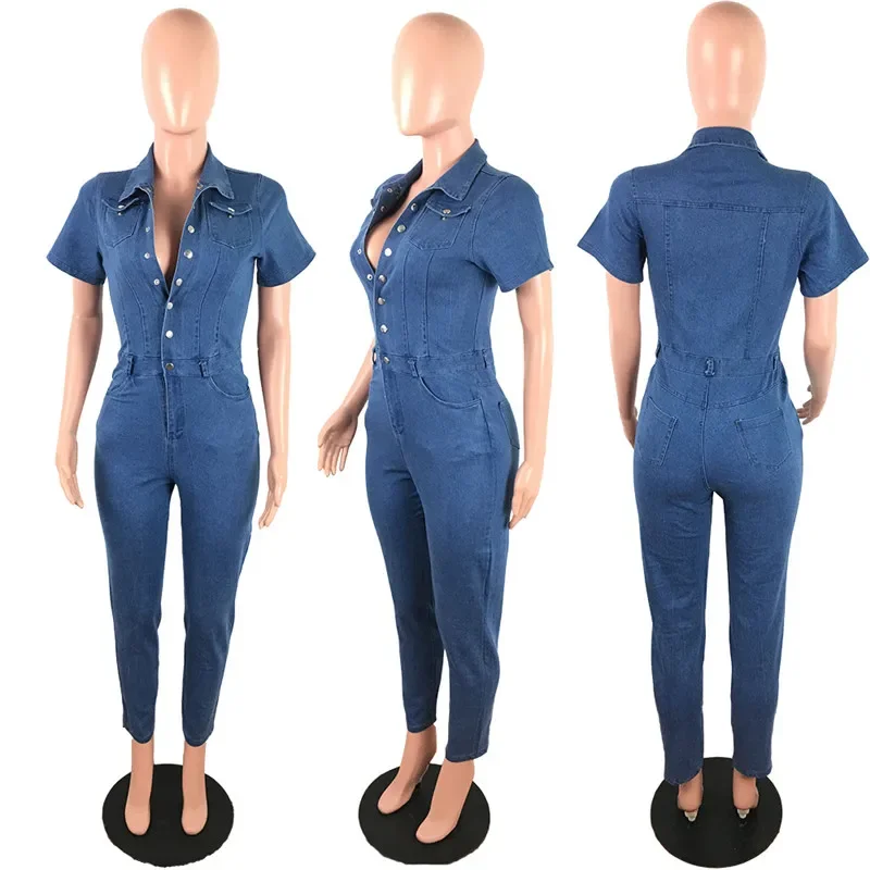 

Slim Front Open Bodycon Denim Jumpsuit Women's Tight Overalls Jeans 2023 with Short Sleeve Button Cotton Elegance Woman Bodysuit