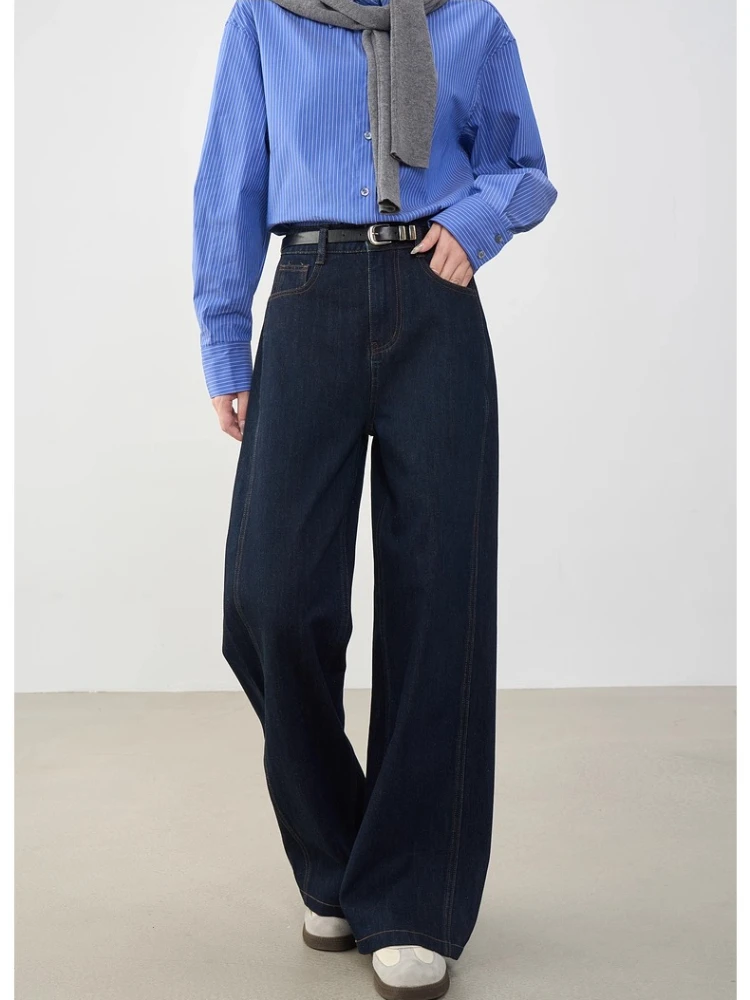 

VIMLY Navy Blue Denim Woman Pants Autumn 2025 New Vintage Clothing Pockets Mid-waist Loose Female Trousers Women Clothes 75125