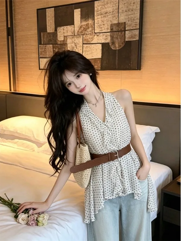 

Slimming V-Neck Sleeveless Loose Women's Top with Ruffle Hem Belted Waist Casual Summer Fashion Polka Dot Print