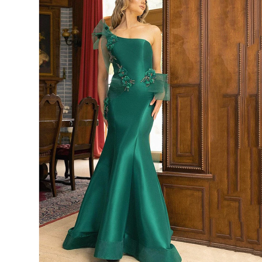 

Pretty Green Mother of the Bride Dresses Strapless One Shoulder Sleeve Floor Length Mermaid Flowers Beading Women Prom Gowns