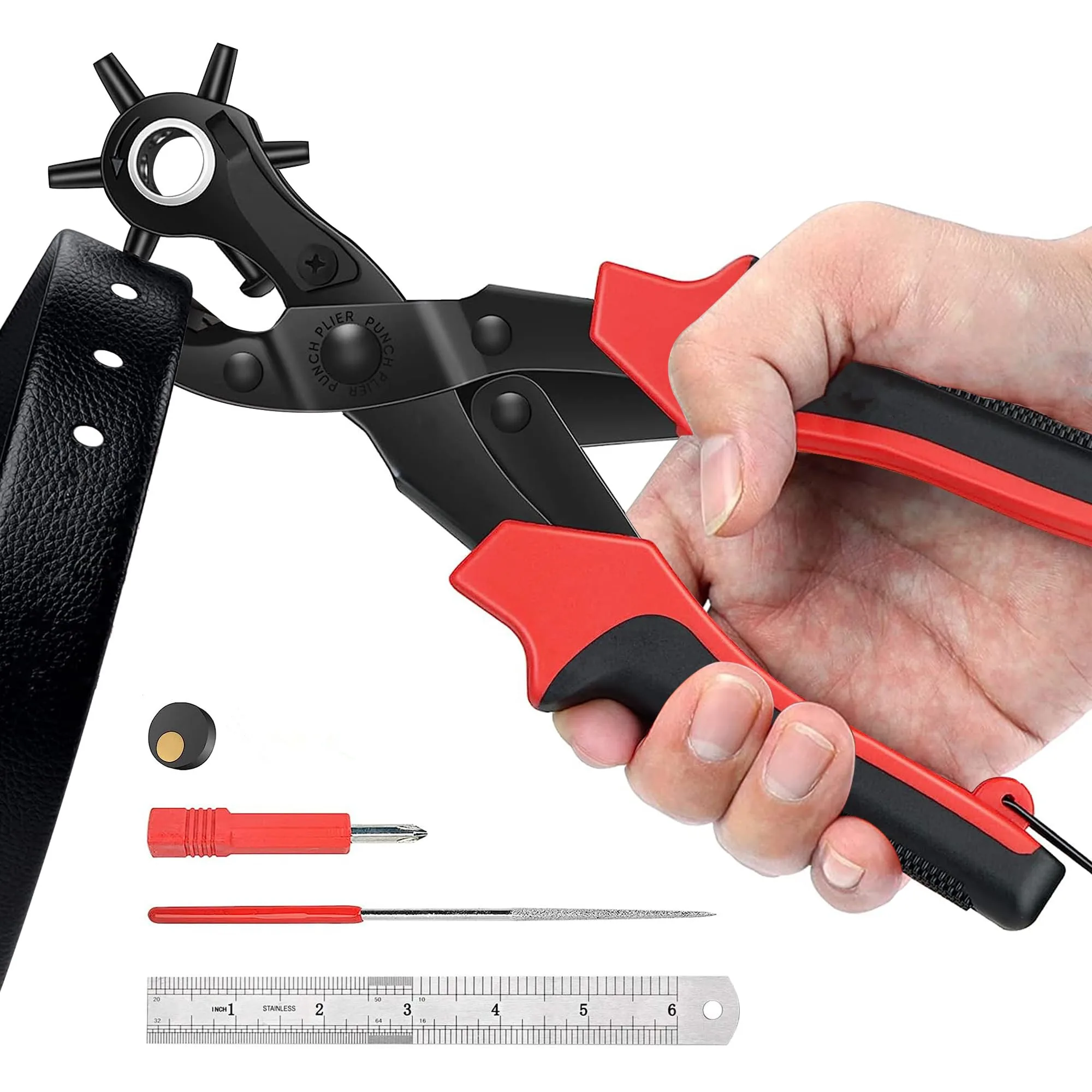 Kit de Pinza Perforadora de Cuero de Alta Resistencia, Herramienta Rotatoria de 6 Tamaños para Perforar Correas de Reloj, Zapatos, Collares de Perro, Manualidades DIY