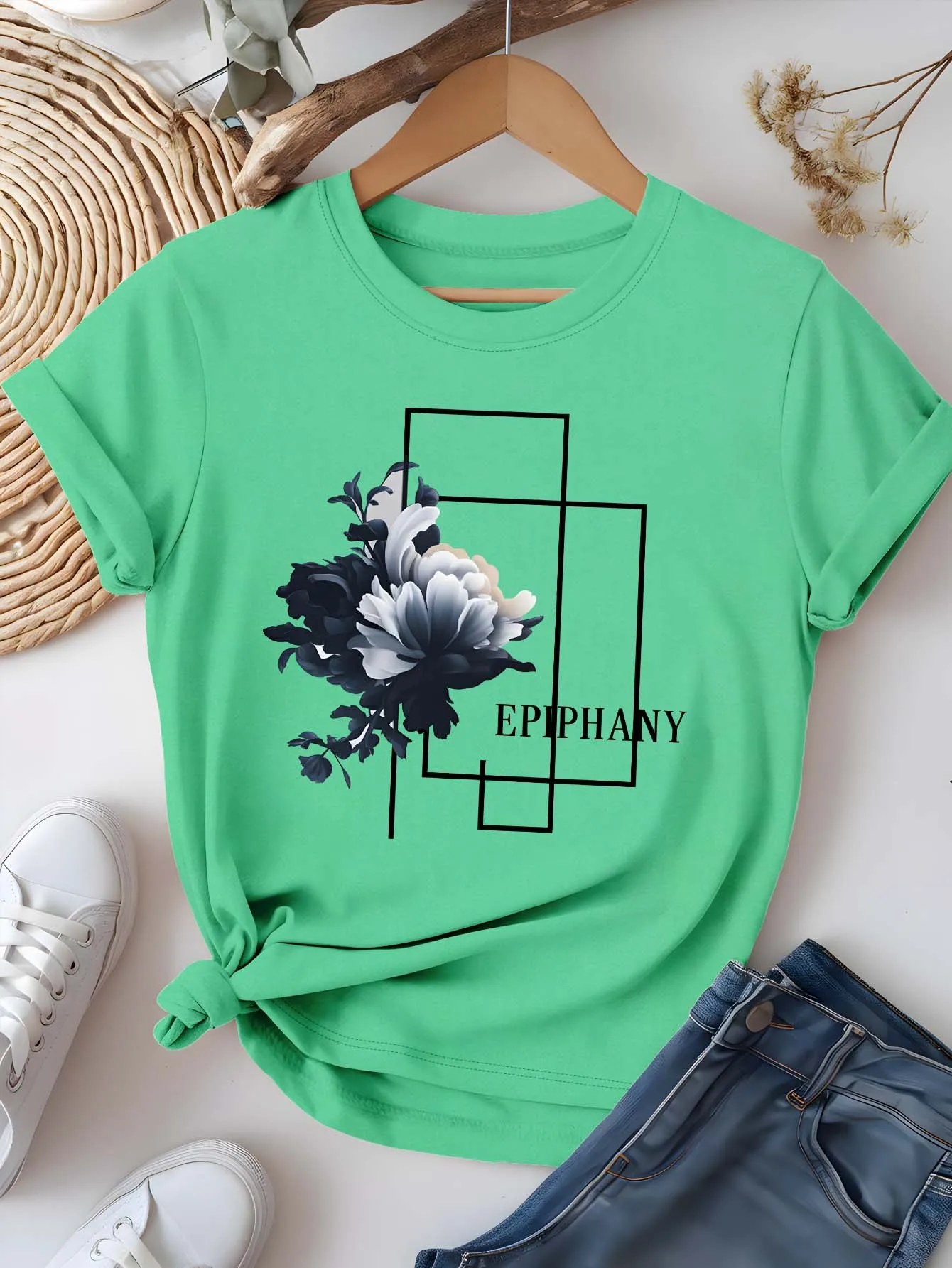 Koszulka Plus Size Artystyczna Kwiatowa Epifania Graficzna Szykowna Elegancka Literacka Letnia Krótki Rękaw