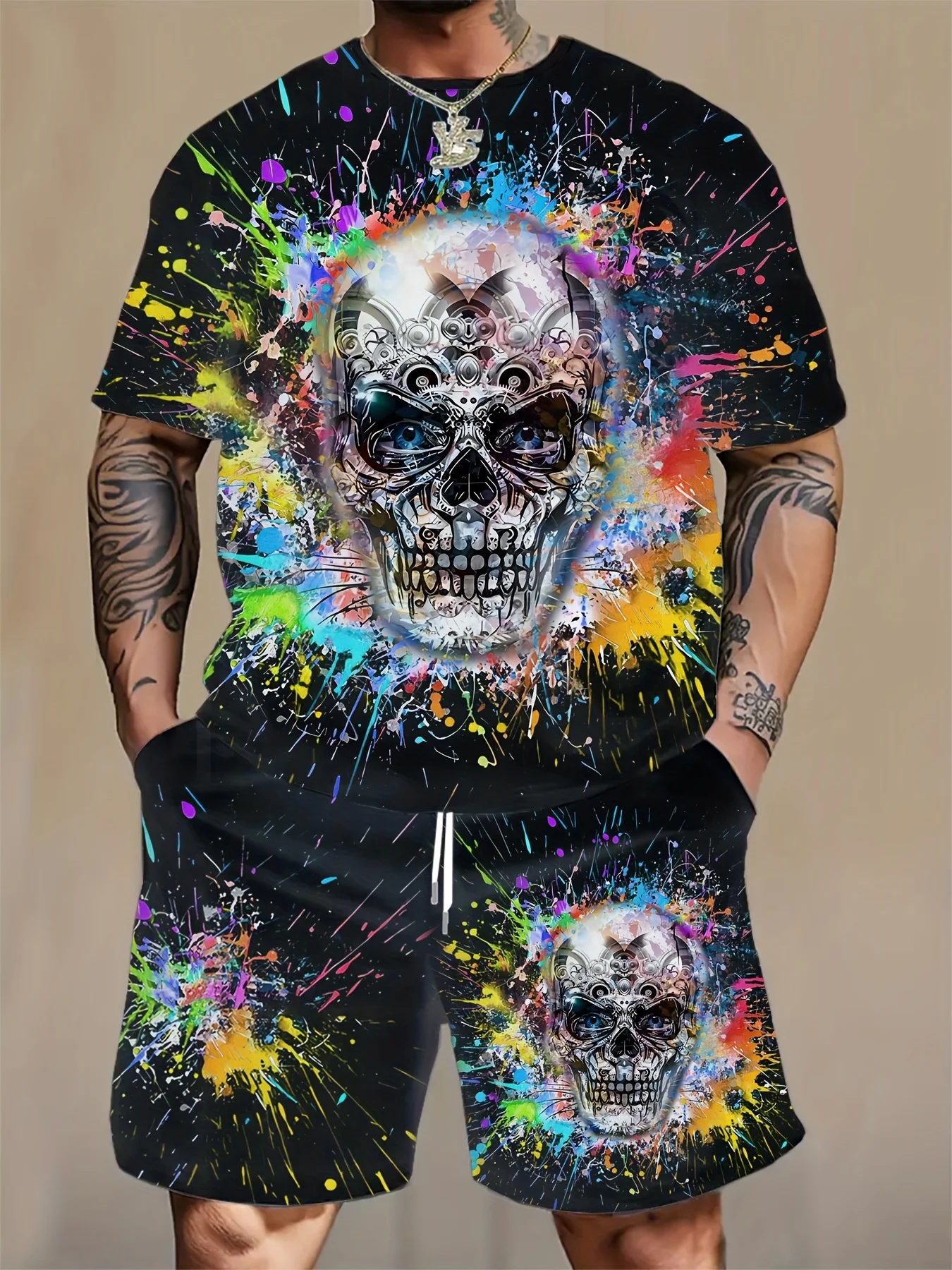 

Men's Plus 2-Pack Casual Crew Neck T-Shirt with Skull Print and Drawstring Pocket Shorts