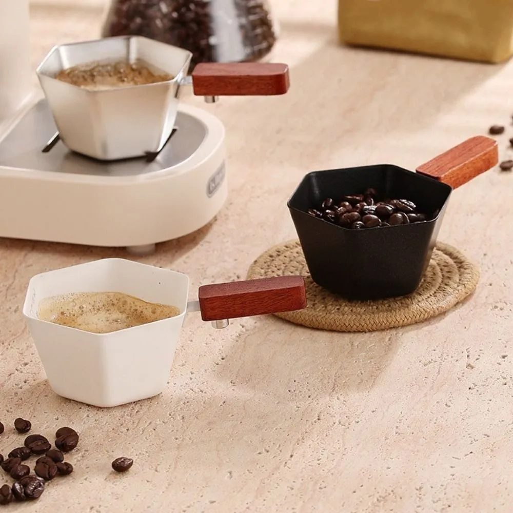 4 Oz Hexagonal Espresso Cup Wooden Handle with Scaled Coffee Extraction Cup V Spout 304 Stainless Steel