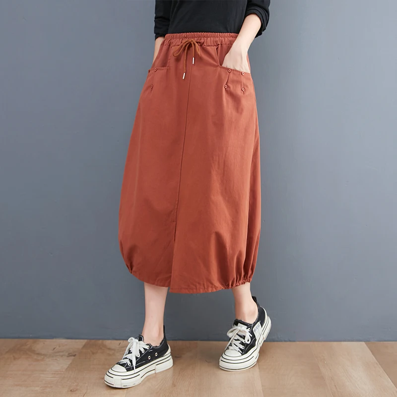 Gonna longuette a trapezio a vita alta Primavera New Sle plus Size Vita elastica Bocciolo di fiore Lanterna f Gonna corpo Casual Versatile Split