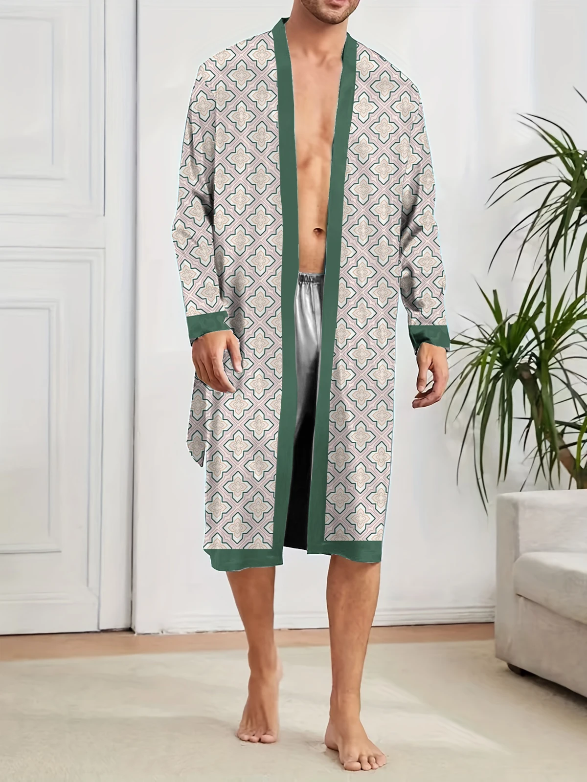 Spring and Autumn Men's Long Sleepwear with Digital Printing, Trendy Men's Bathrobes for Casual and Comfortable Wear. Quick-dry