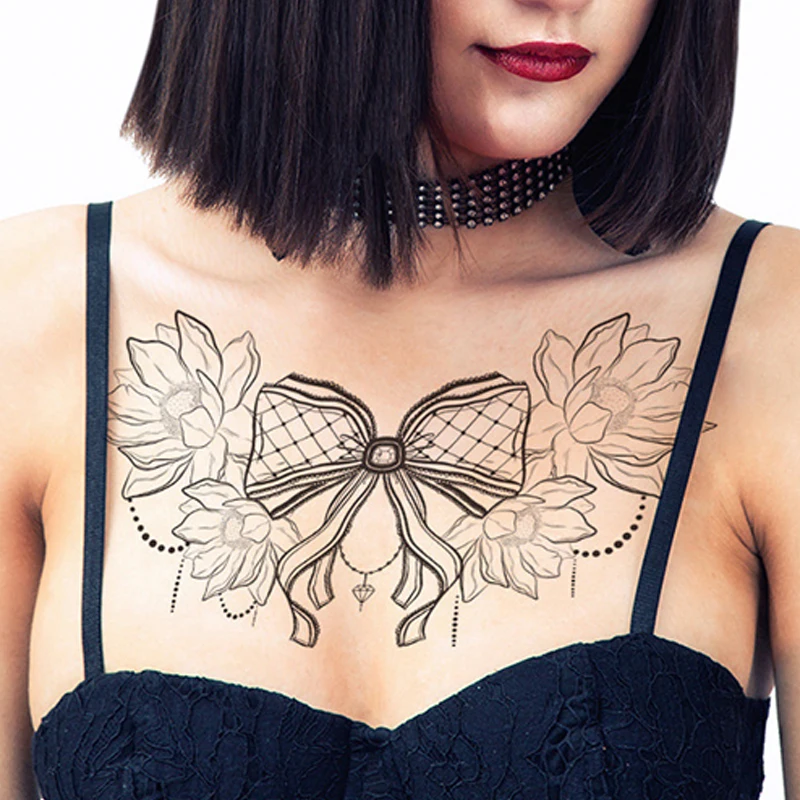 Black Element Sexy Big Bow Chest Tattoo Sticker Flower Back and Abdomen Realistic Temporary Waterproof Sticker