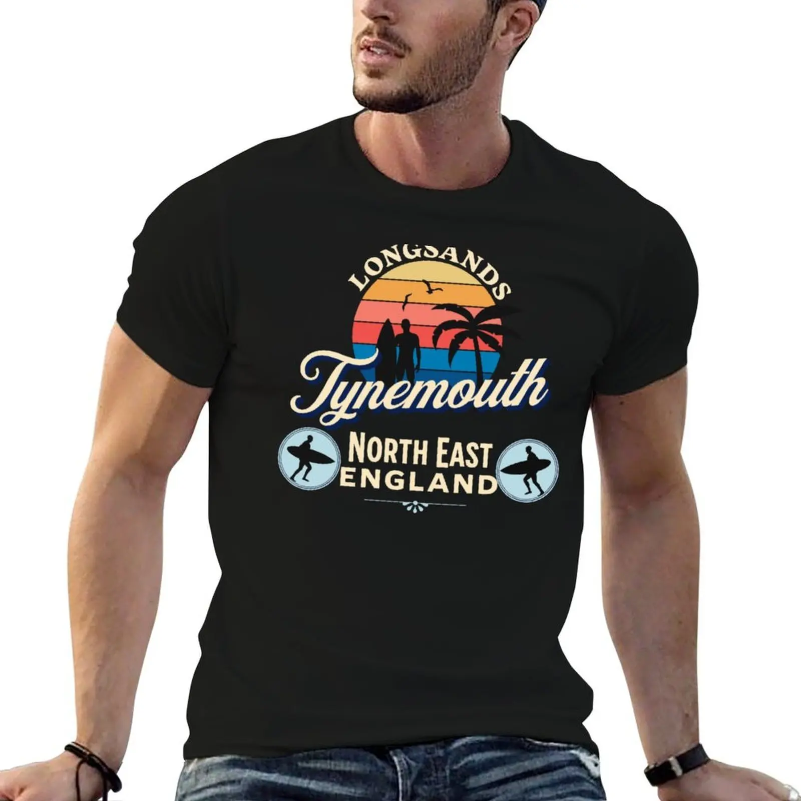 

Longsands Tynemouth North East Sunset Surfer Palm Tree T-Shirt mens graphic t shirts t shirts for man pack white T-Shirt