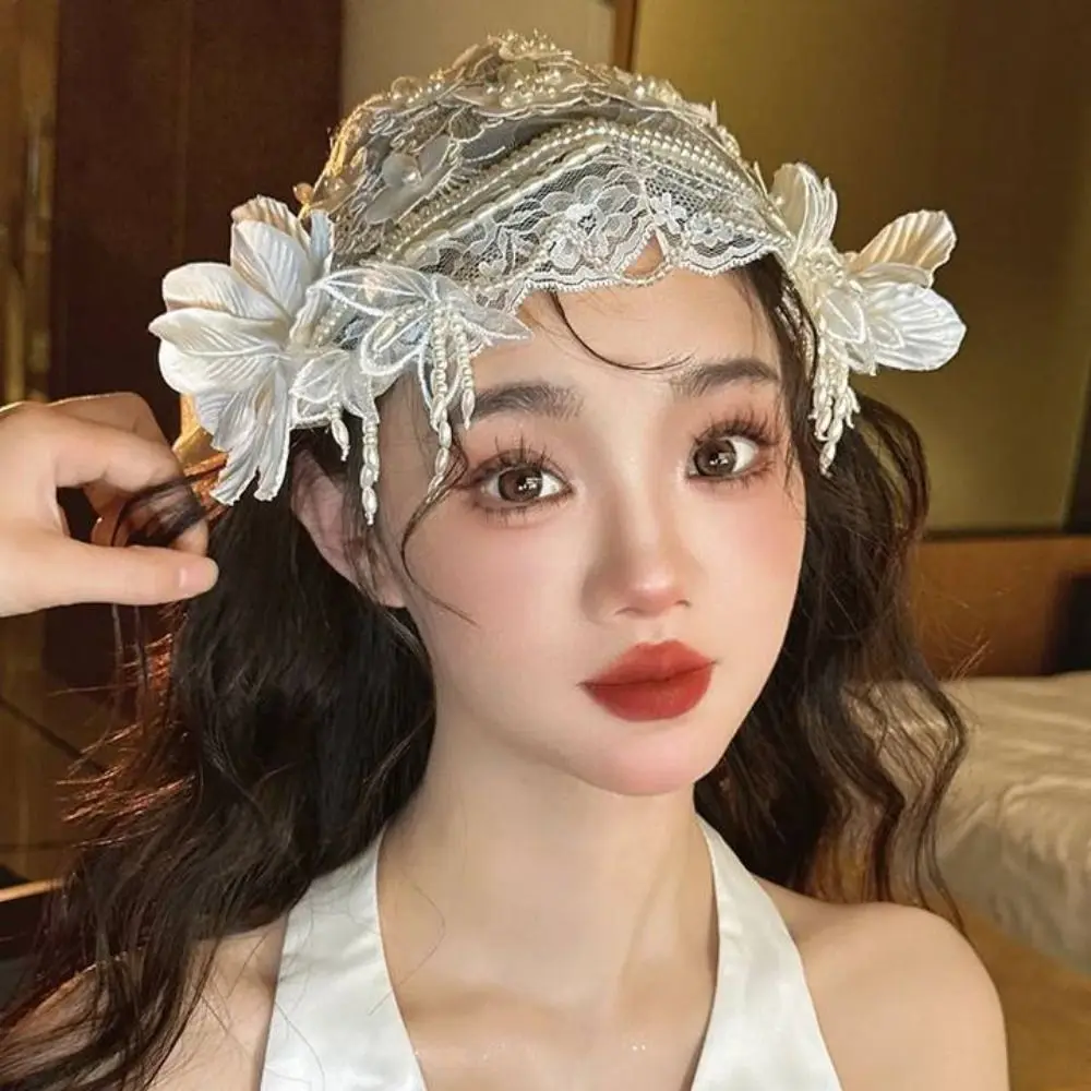French Lace Floral Bridal Hat Pearls Beads White Bride Headdress Tulle Luxury Wedding Headwear Photography Accessories