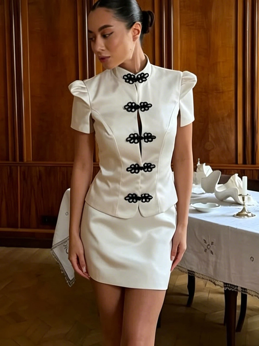 

LIMO Women Chinese Style Cheongsam Jacket & Mini Skirt Set Puff Short Sleeve Mandarin Collar Frog Button For Daily Party