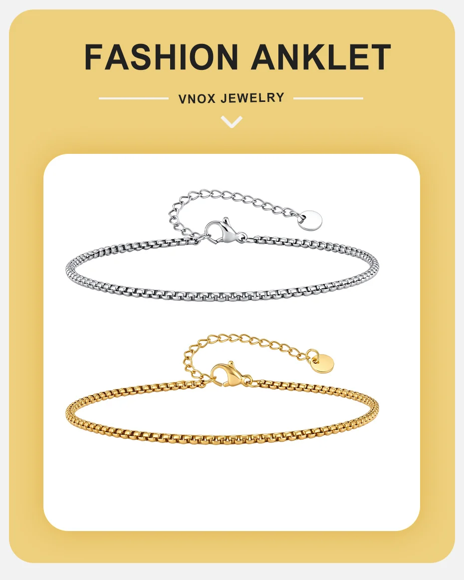 Vnox Edelstahl-Kastenkettenglieder-Fußkettchen für Männer und Frauen, gold-silberfarbenes, verstellbares Ketten-Fußkettchen-Armband, Schmuckgeschenk für Männer – Detail 1